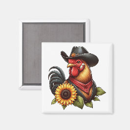 Färgigt Tupp i Cowboy Hat med solros Magnet