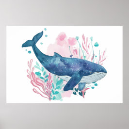 Färgillustration för Cute Humpback Whale Poster