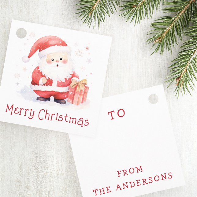Färgillustration för ljusa tomten i God jul Gåvor Etiketter (Cute Santa watercolor illustration Merry Christmas Favor Tags)