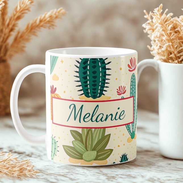 Färgkaktus Blommigt Personlig Namn Kaffemugg (Skapare uppladdad)