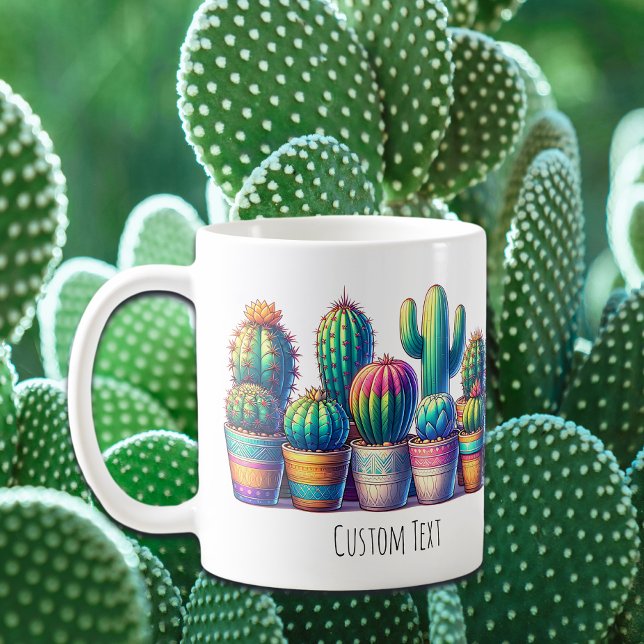 Färgkaktus Mugg med Anpassningsbar Text eller Namn (Colorful Custom Cactus Mug For Cactus Lovers | Add your custom text to this fun cactus mug!)