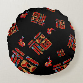 Färgkanter 福 Blessings Lunar nyår Rund Kudde