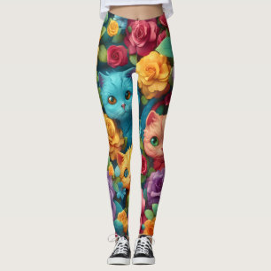 Färgkatter och blommor, söt design leggings
