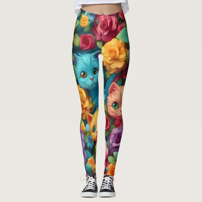 Färgkatter och blommor, söt design leggings (Framsida)