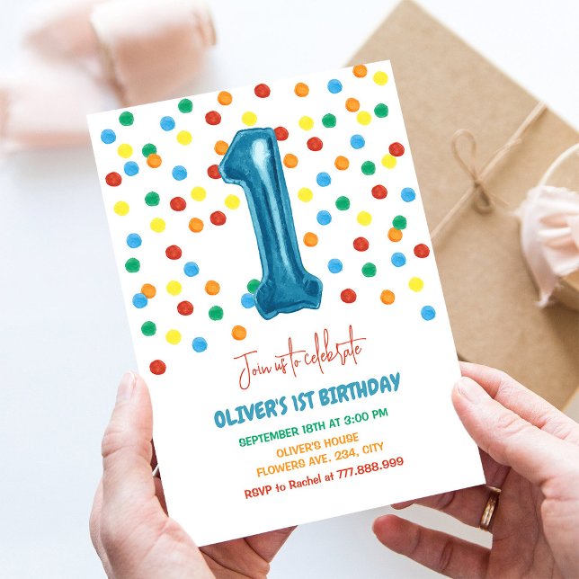 Färgkonfetti en bubbla 1:a födelsedagstjugpojken inbjudningar (Skapare uppladdad)
