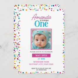 Färgkonfetti, färgad, foto 1:a födelsedag inbjudningar