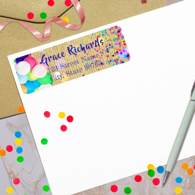 Färgkonfetti och bubblor födelsedag returadress etikett (Skapare uppladdad)