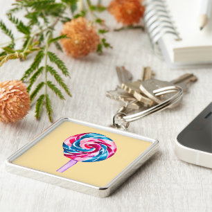 Färgkonst av godis lollipop-vattenfärg fyrkantig silverfärgad nyckelring