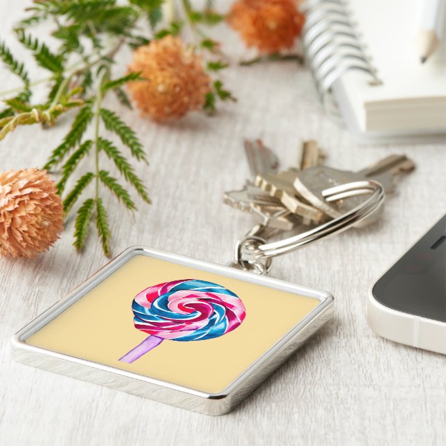 Färgkonst av godis lollipop-vattenfärg fyrkantig silverfärgad nyckelring (Sidan)