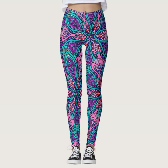 Färgkonst; Lila Rosa Aqua Mandala Design Leggings (Framsida)