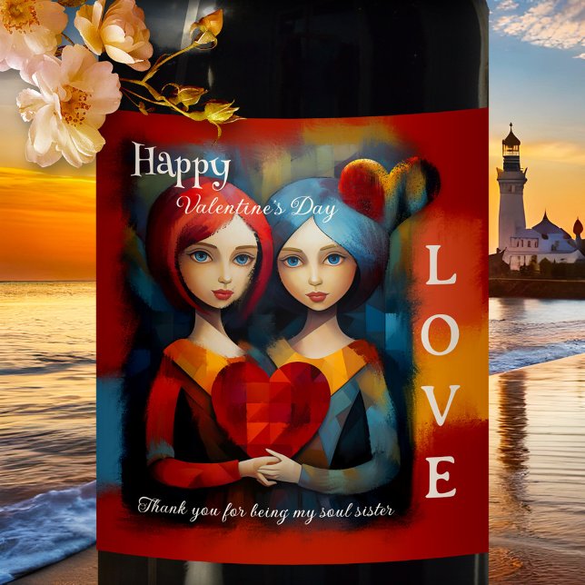 Färgkonst Soul Sisters Glad Alla hjärtans dag Vinflaska Etikett (A unique romantic wine label featuring a colorful painting of two women with a heart - friendship)
