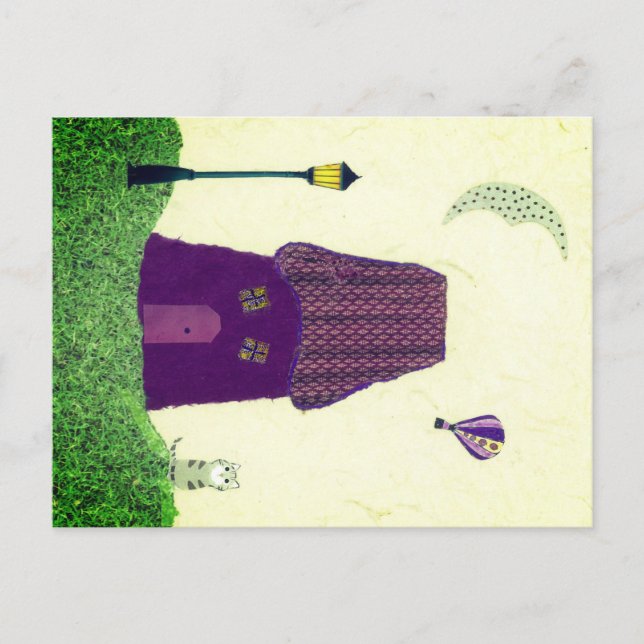 Färgkort med hus, Luftballong, katt Vykort (Framsida)