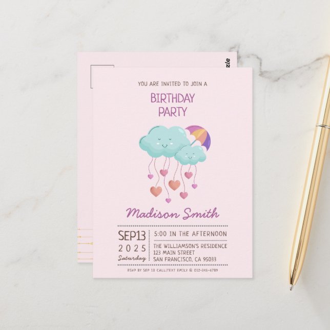 Färgkort med paraply och moln för födelsedagen vykort (Fram/Back In Situ)