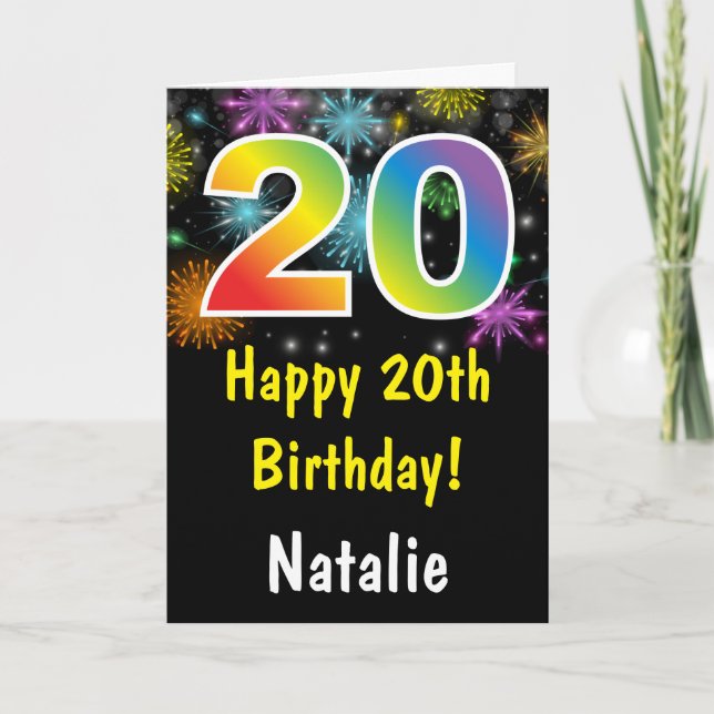 Färgkort med regnbågsfyrverkerier för 20-årsdag kort (Framsida)