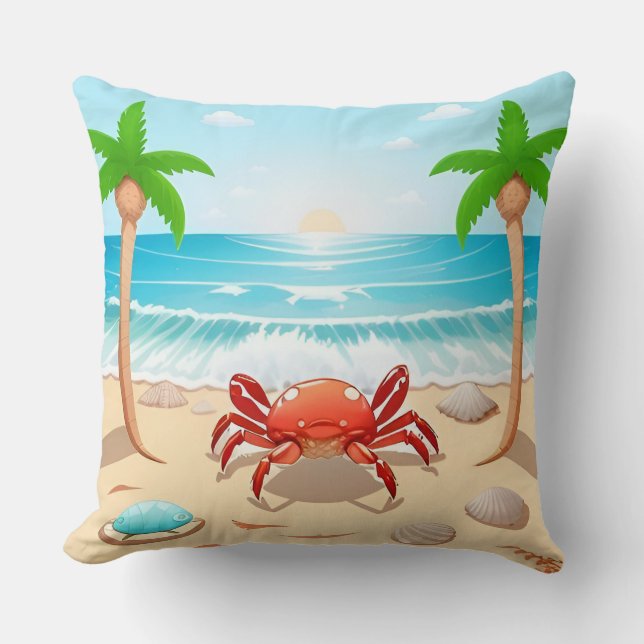 Färgkrabba, Handflatan Träd och Seashells Kudde (Framsida)