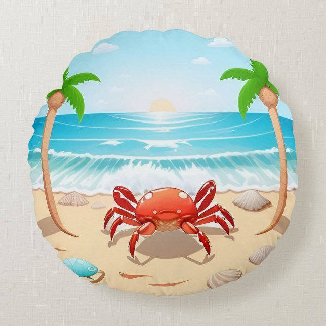 Färgkrabba, Handflatan Träd och Seashells Rund Kudde (Framsidan)