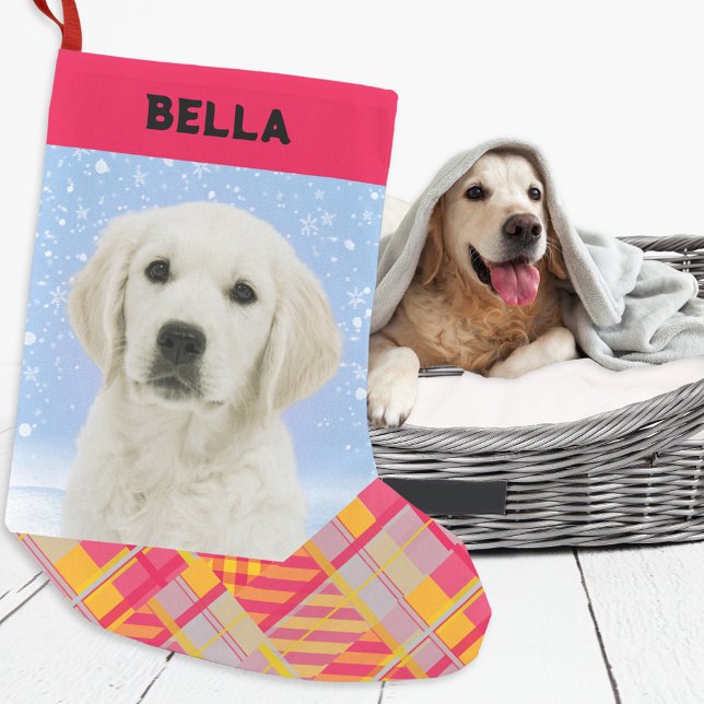 Färglagd Hund Photo Namn-Djurälskare Liten Julstrumpa (A colorful Christmas stocking with red and yellow plaid pattern. Add your dog's name and photo)