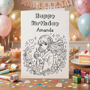 Färglägg Mig Animeflicka och Cupcake Födelsedag Kort
