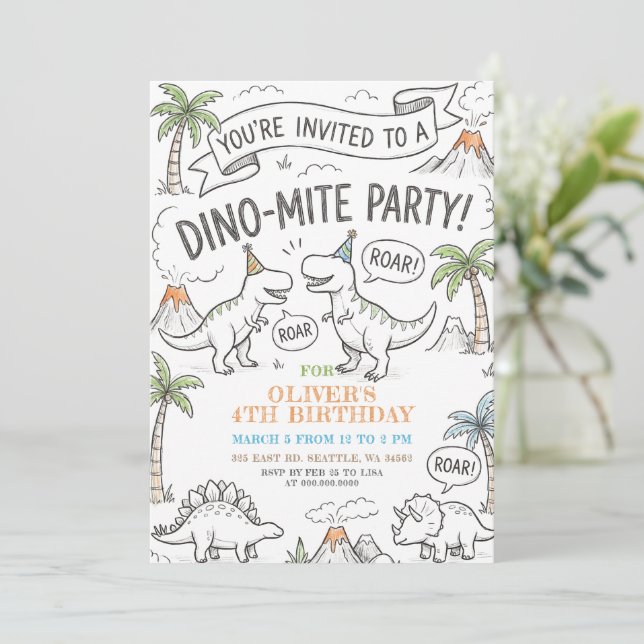 Färglägg Mig Dinosaurie Födelsedagsfest Inbjudningar (Stående Fram)