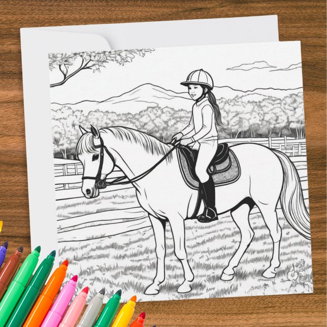 Färglägga Färg I Bild Flicka Ridning Pony Kort (A greeting card with picture to color, of a girl riding a pony in a paddock)