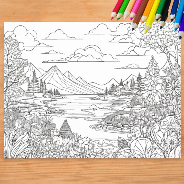 Färgläggning Landskap Sjö Berg Utsikt Färg In Poster (A poster to color with detailed landscape including a lake, mountains, trees and plants)