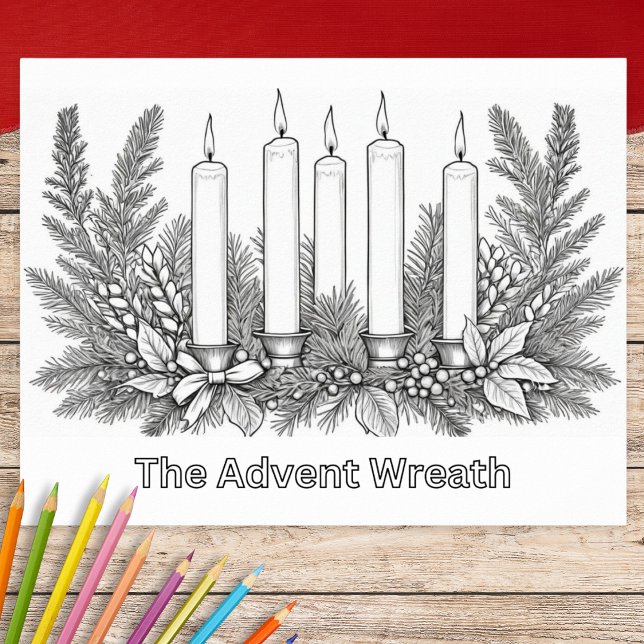 Färgläggningsbild Adventskrans & Ljus Poster (A poster to color featuring a traditional Advent wreath of candles and festive greenery)