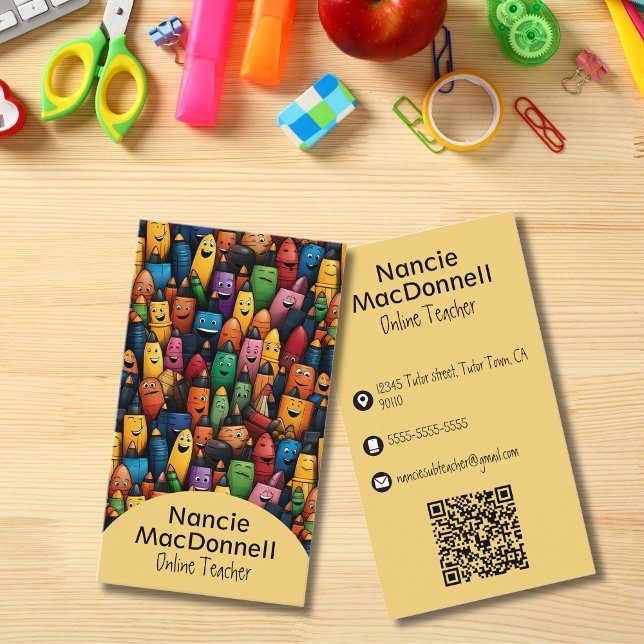Färglärarutbildning Pen Mönster QR-kod Visitkort (Colorful Teacher Tutoring Pen Pattern QR Code Business Card)