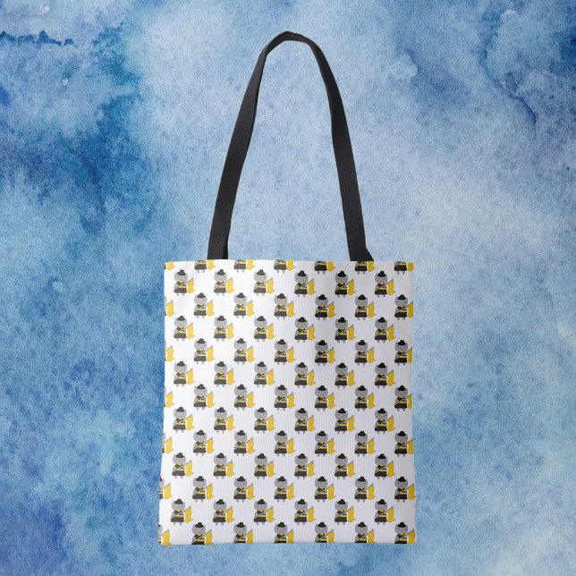 Färgledningsgrå katt svart gul mönster tygkasse (A tote bag with a pattern of gray cats in a black & yellow color guard uniform.)