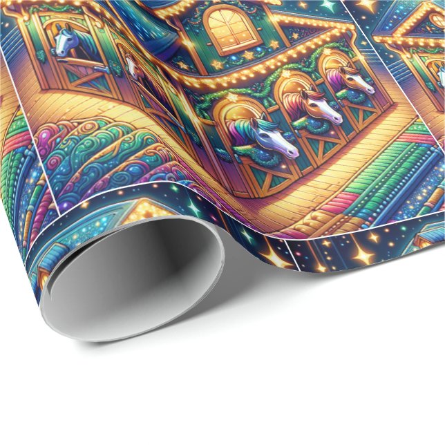 Färgliga hästar Tittar ut ur julklapp Presentpapper (Rullad Hörn)