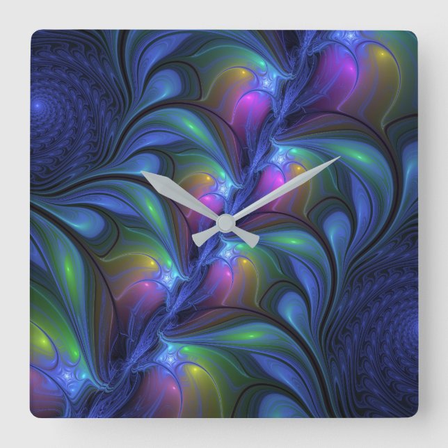 Färglös Abstrakt Blå Rosa Grönt Fractal Fyrkantig Klocka (Framsida)