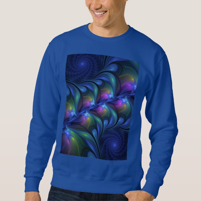 Färglös Abstrakt Blå Rosa Grönt Fractal Lång Ärmad Tröja (Framsida)