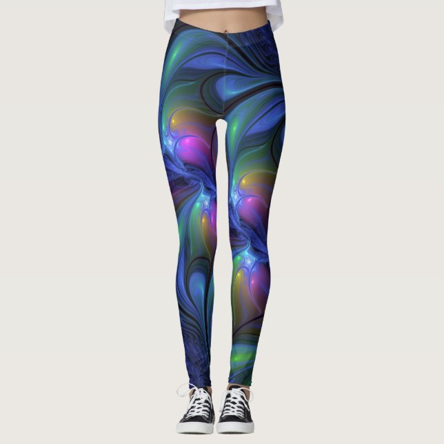 Färglös Abstrakt Blå Rosa Grönt Fractal Leggings (Framsida)