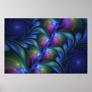 Färglös Abstrakt Blå Rosa Grönt Fractal Poster