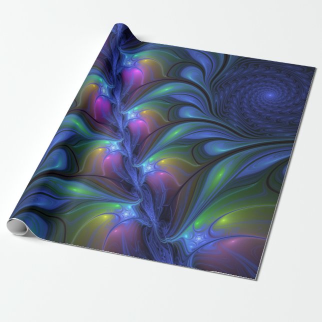 Färglös Abstrakt Blå Rosa Grönt Fractal Presentpapper (Utrullad)