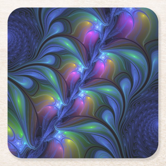 Färglös Abstrakt Blå Rosa Grönt Fractal Underlägg Papper Kvadrat (Framsidan)