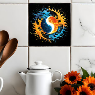 Färglös Abstrakt Celestial Måne och Sol Stänk Kakelplatta