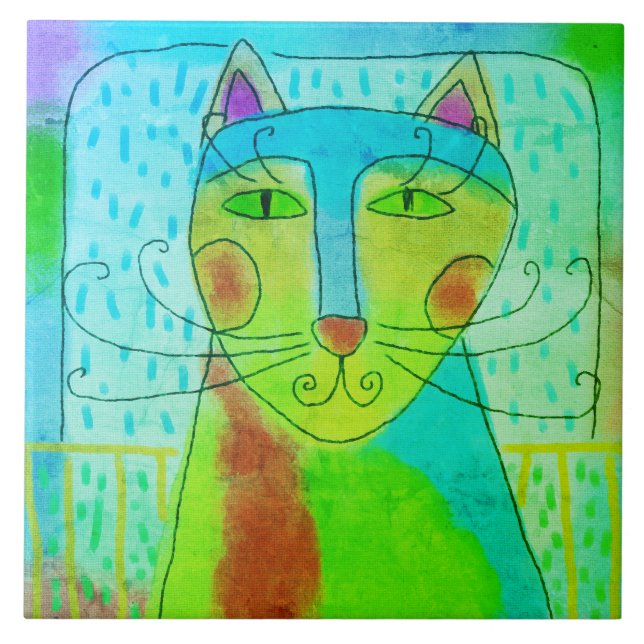 Färglös Abstrakt Digital Cat Painting Kakelplatta (Framsidan)