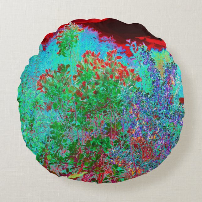 Färglös Abstrakt Garden med Crimson Sunset Rund Kudde (Framsidan)