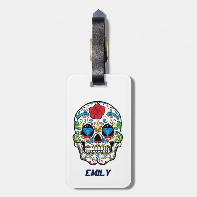 Färglös Abstrakt Retro Sugar Skull Röd ros Bagagebricka (Baksidan Lodrät)