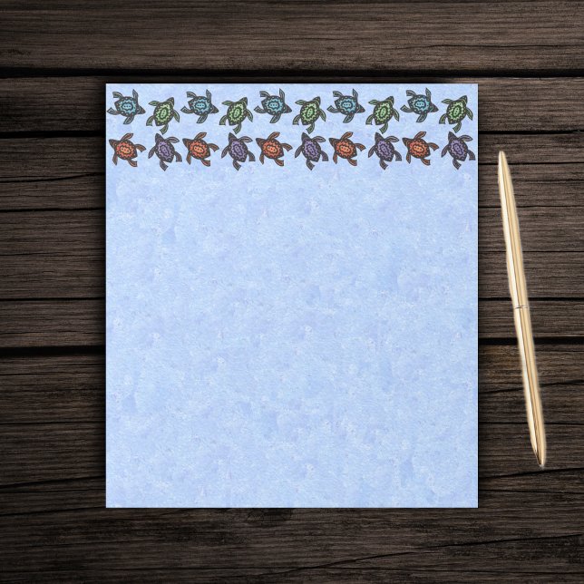 Färglös Abstrakt Swimming Turtles Anteckningsblock (Rows of abstract black turtles with coloured shells on light blue paper notepad.)