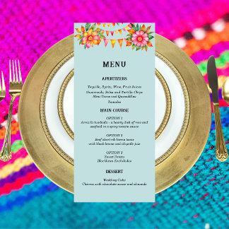 Färglös blå Blommigt Fiesta Mexican Bröllop Menu Meny