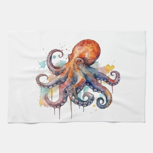 färglös bläckfisk i vattenfärg kökshandduk (Horisontell)
