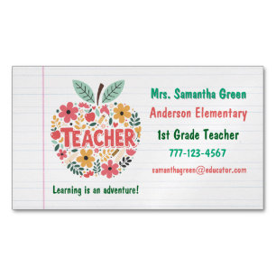 Färglös Blommigt Apple Teacher Back to school Magnetiska Visitkort