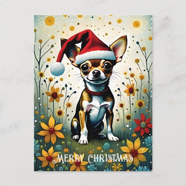 Färglös Blommigt Cute Chihuahua Julen Vykort (Framsida)