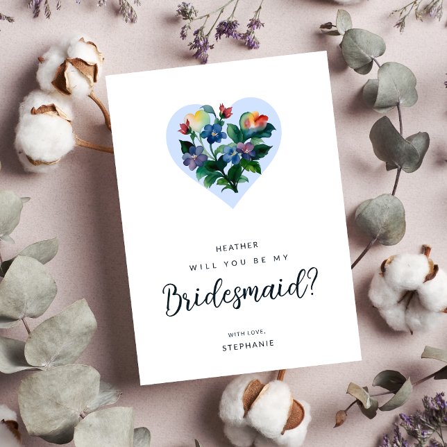 Färglös Blommigt Heart Blue Shades Bridesmaid Inbjudningar (Colorful Floral Heart Blue Shades Bridesmaid Proposal Card with Envelope. )