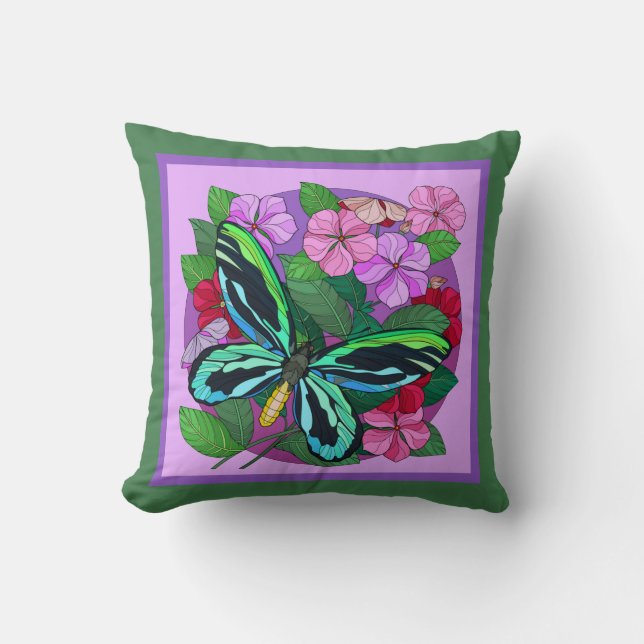 Färglös blommigt med butterfly; lila på grönt kudde (Framsida)