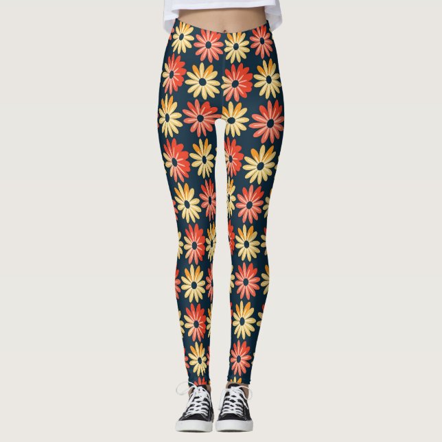 Färglös Blommigt med rött, Orange blomma Leggings (Framsida)