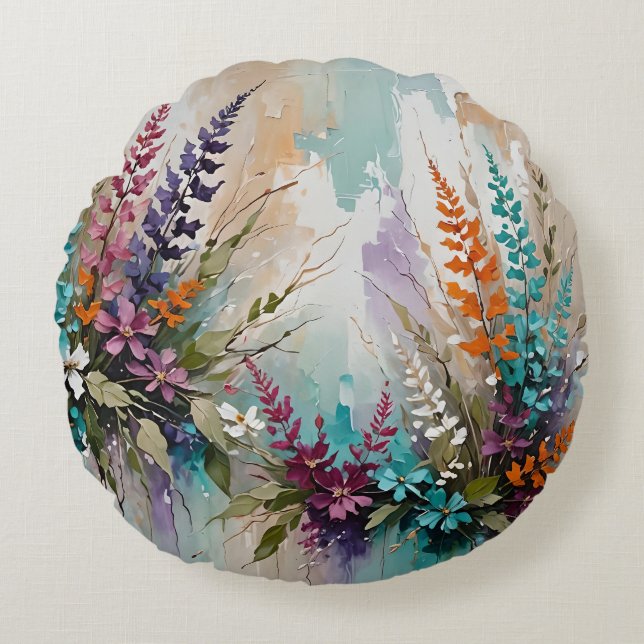 Färglös Blommigt på Blue Beige White Lavender Rund Kudde (Framsidan)