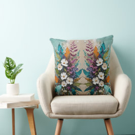Färglös Blommigt på Teal Blue Beige Kudde