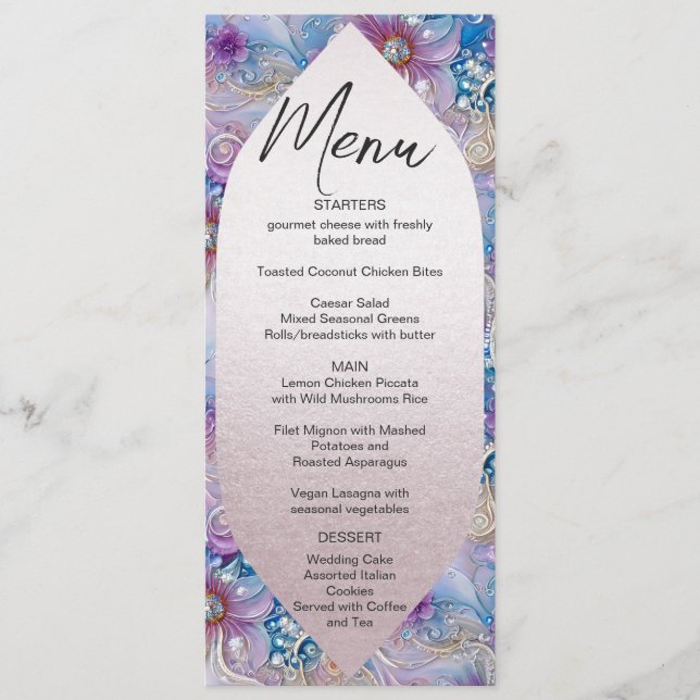 Färglös Blommigt Parly Gems Bröllop Menu Meny (Framsida)